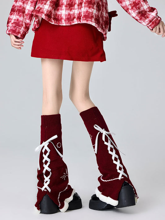 Christmas Red Lolita Ribbon Bowknot Lace-up Detail Knitted Leg Warmers