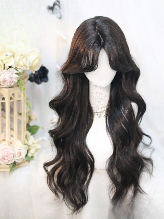 Black Tea Under Bust Length Wavy Wig with Curtain Bangs
