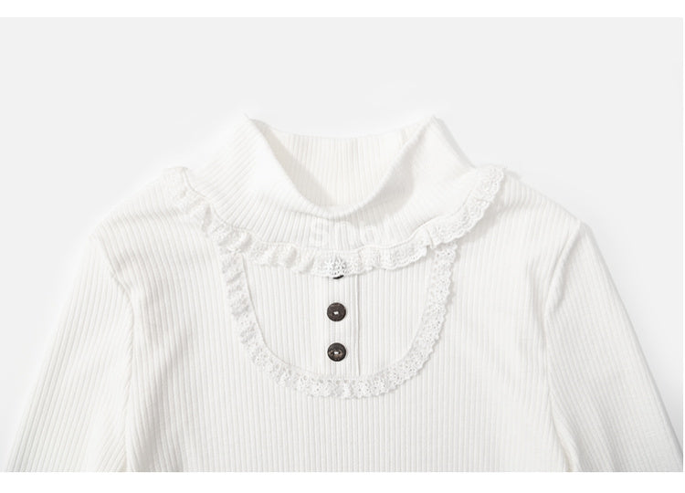 White High Neck Lace Trim Long Sleeves Top