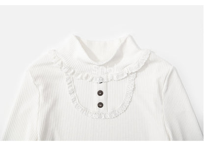 White High Neck Lace Trim Long Sleeves Top