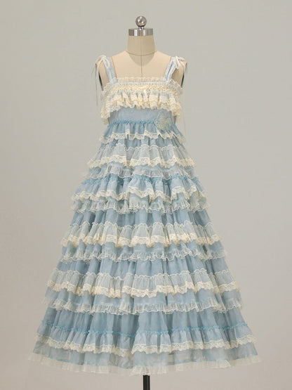 Goldfish Blue Adjustable Ruffle Sweet Embroidery Dress Lolita Straps and with Multi-Layered