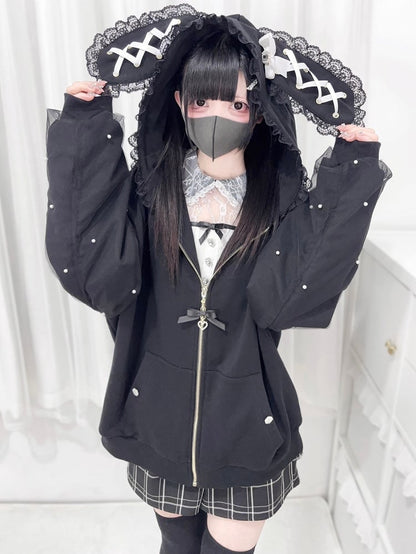 Jirai Kei Black Bunny Ears Lace Trim Hood Bead Details Zip Hoodie