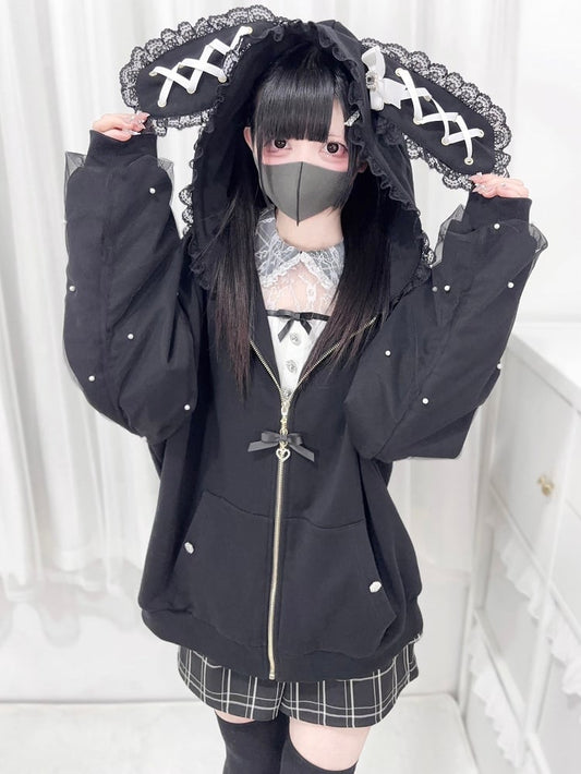 Jirai Kei Black Bunny Ears Lace Trim Hood Bead Details Zip Hoodie