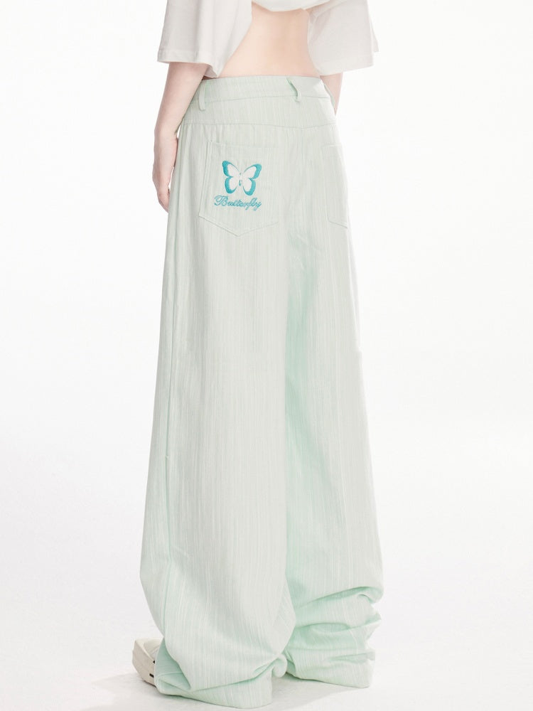 Mint Green Low Waist Butterfly Embroidery Wide-Leg Pants