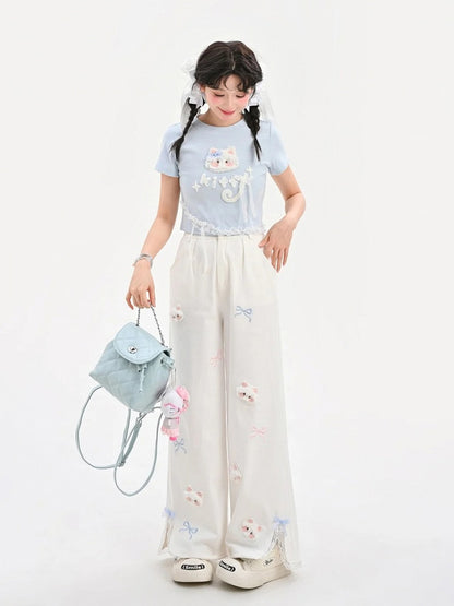Long/Short Round Neck Plush Version Blue T-Shirt Cat Applique
