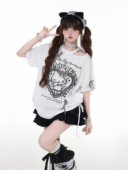 Cutout Y2K Black/White Round Waist Neck Detail T-Shirt Kitty Print Drawstring