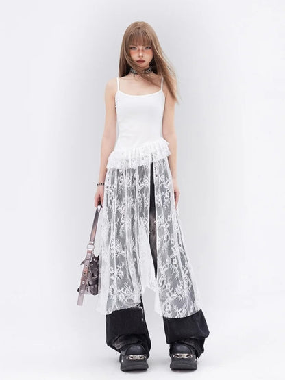 White Contrast Lace Patches Glamorous Cami Top Tiered Ruffles
