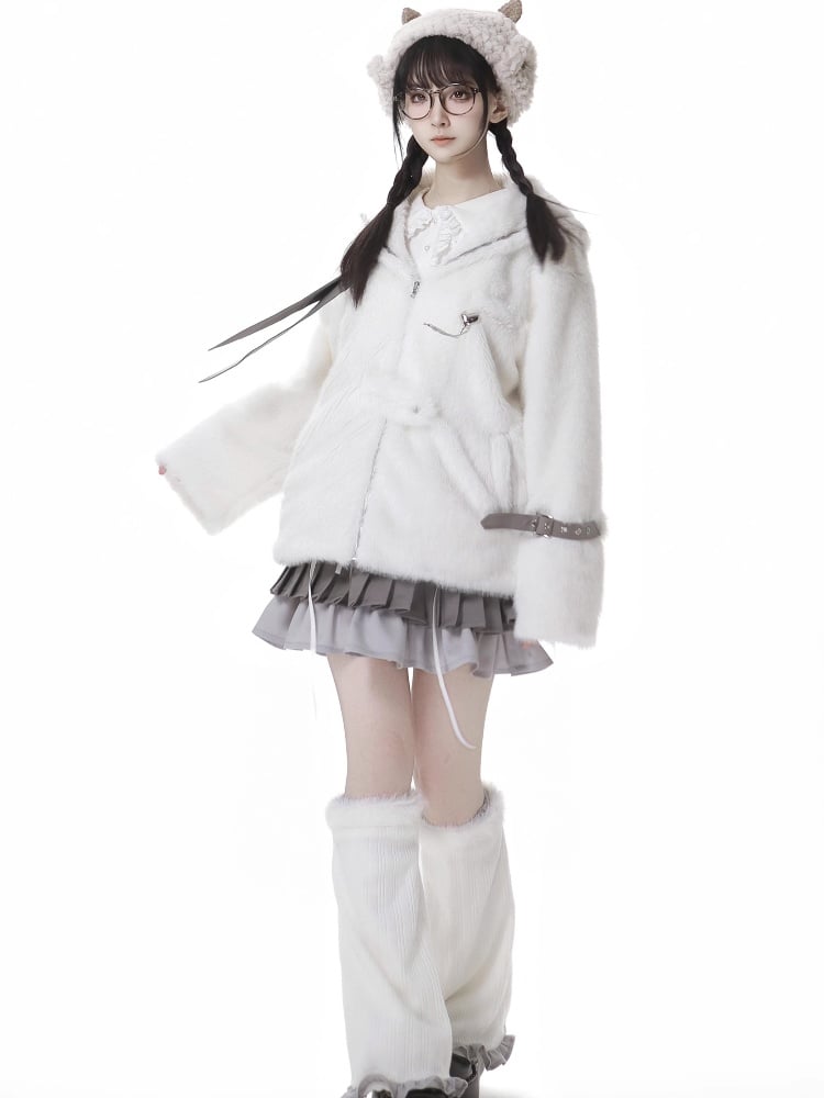 White Sailor Collar Buckle Strap Plush Coat