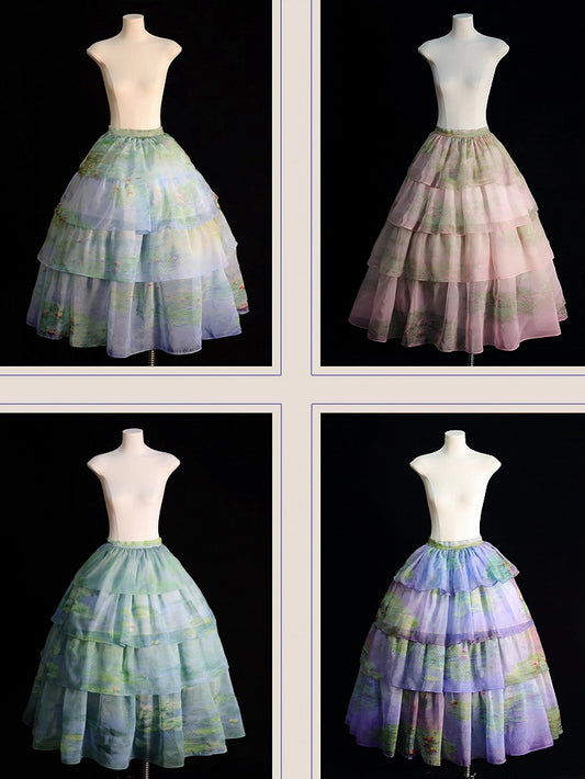 Sky Organza Tiered Skirt Blue/Light Pink/Purple/Green Oil Painting Print