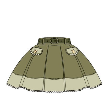 Green Ouji Box Pleated Skirt with Waist Belt