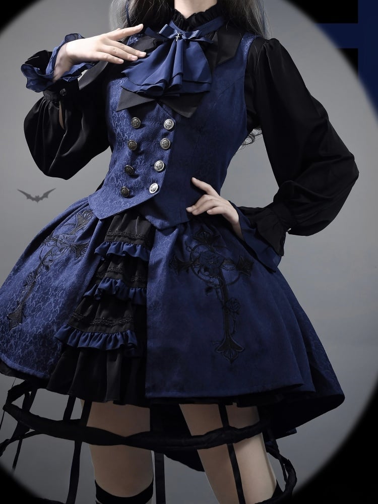 Black and Dark Blue Ouji Lolita Fashion Prince Shirt With Jabot