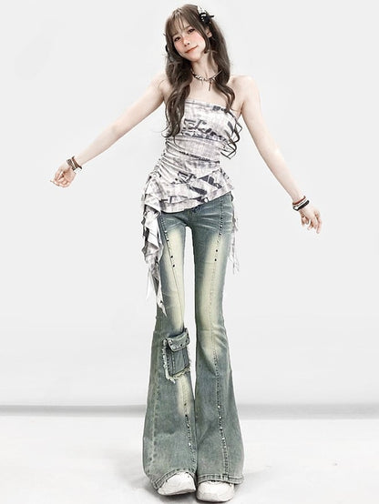 Decorated Jeans Faded Cuffs Y2K Frayed Glamorous Blue Raw Flare Pocket Silhouette Wash and