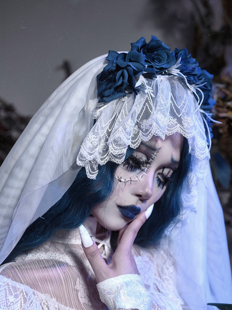 White Goth Blue Flowers Bride Veil