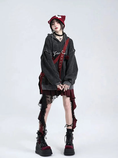 Rock Plaid Rot/Schwarz Schwarz Rosa Spitze Panel Unregelmäßigen Saum und