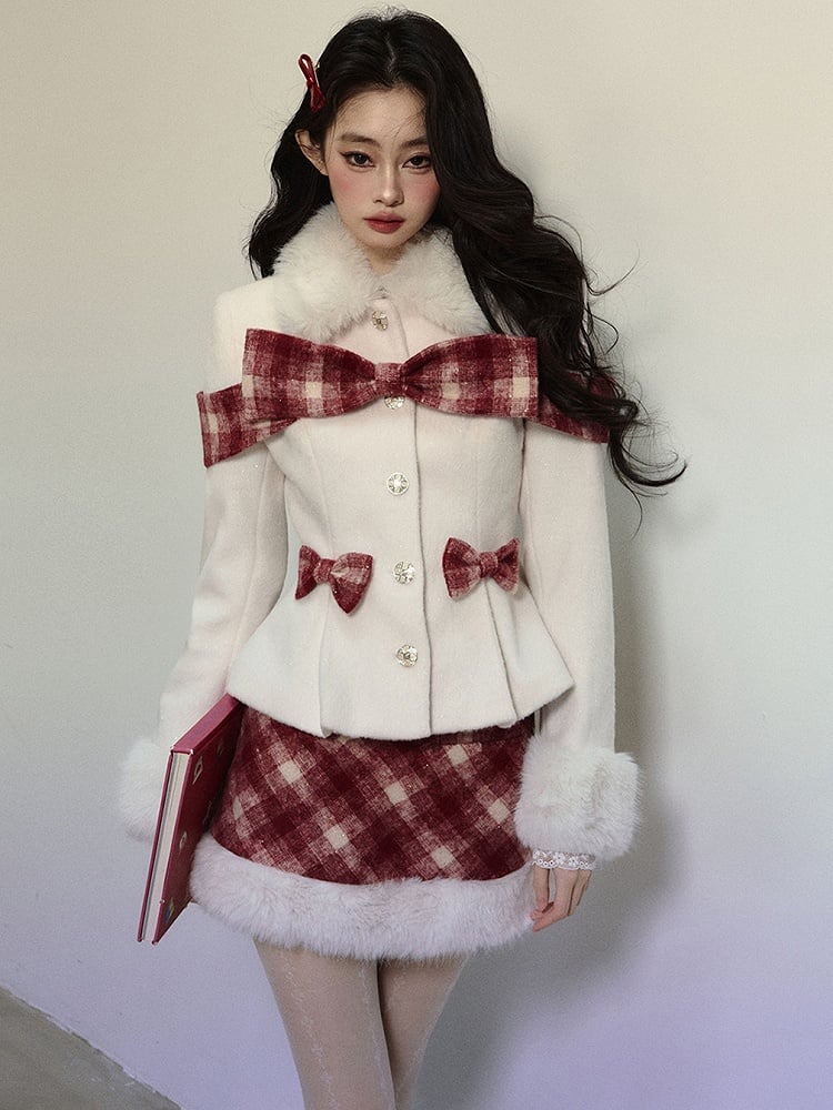 Apricot Plaid Bow Accents Woolen Jacket