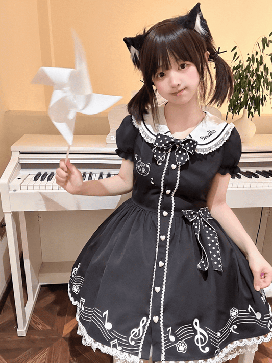 Puff Melodic Kitty Black Sailor Collar Keyboard Dress Design Back Sleeves Short