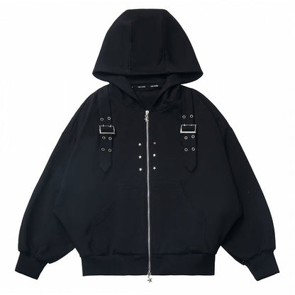 Black Buckle Straps Star Studs Zip Closure Hoodie