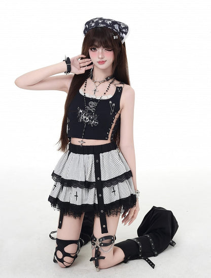 Skeleton Clips with White Stripes Lace Trim Punk Bow Lined Tiered Skirt