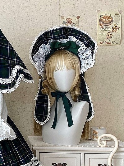 Lolita Bonnet and Bunny Ears Bow Plaid Red/Green with Details
