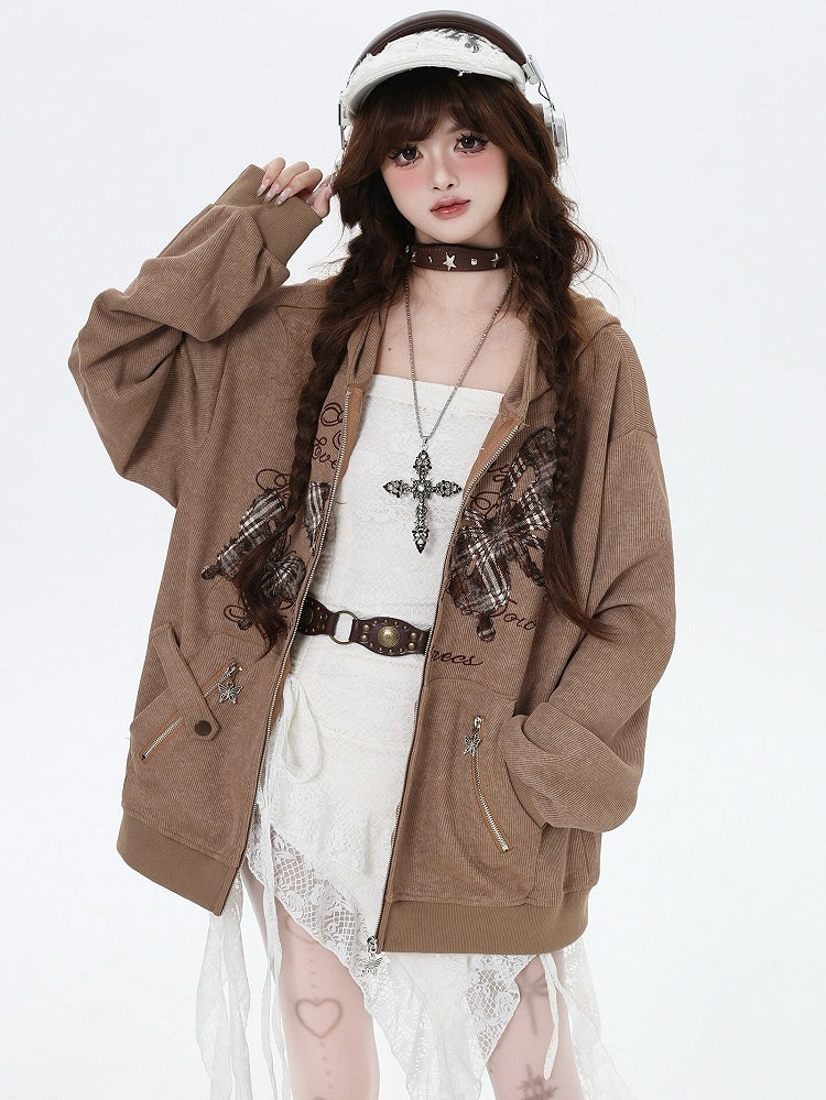 Brown Butterfly Appliques Spring Loose Zip Hoodie
