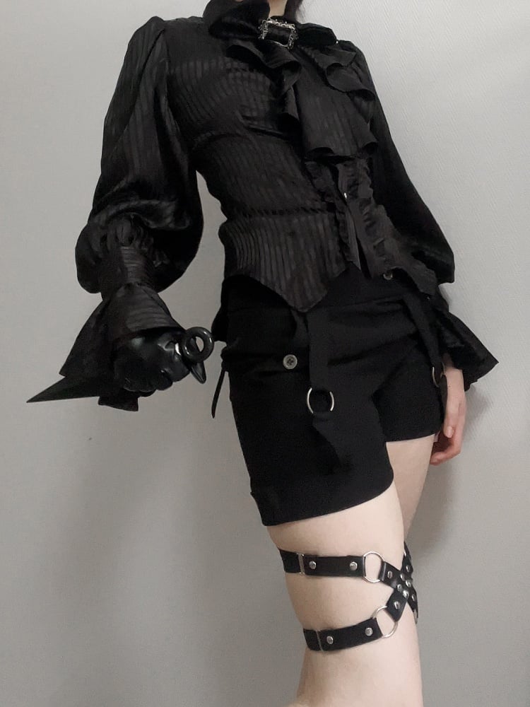 Black Ouji Lolita Long Sleeves Shirt with Jabot Bowtie