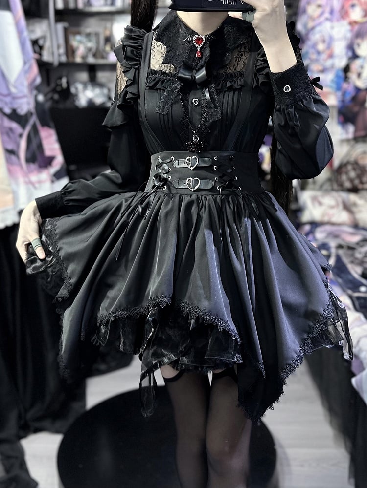 Jirai Kei Black Bat Wing-shaped Collar Lace Patch Landmine Style Shirt