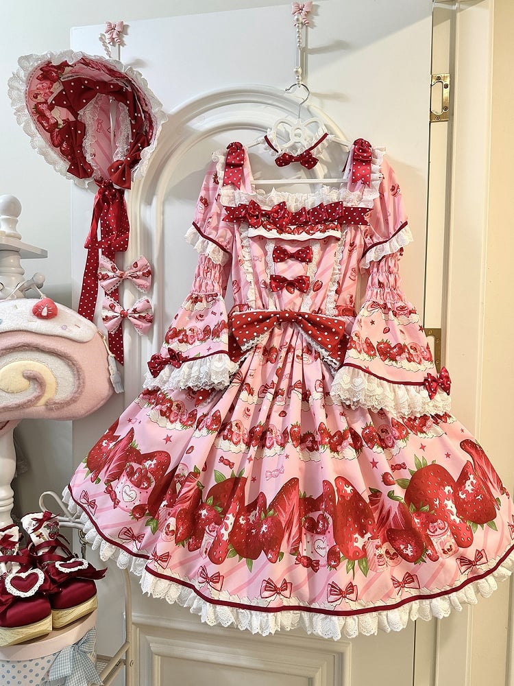 Set Strawberry Dress Sweet Lolita Short Sleeves Full Print Pink