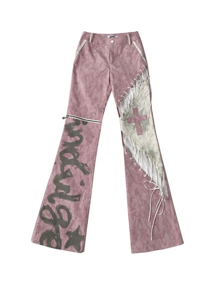 Asymmetrical Flared Detail Pink Pants Lace-up Dusty