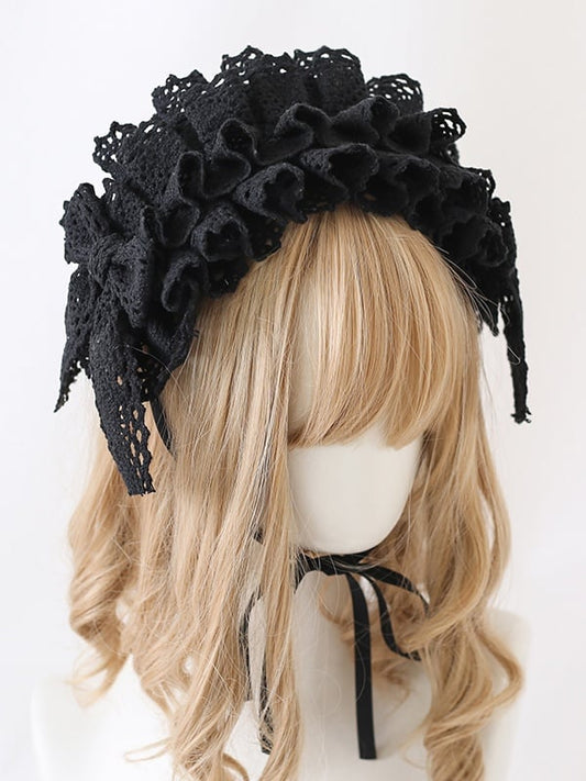 White Cotton / Beige Black Lace Hairband Sweet Lolita Doll-Style