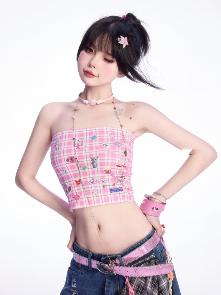 Strapless Top Print Cute Kitten Sticker Pink Plaid Cropped