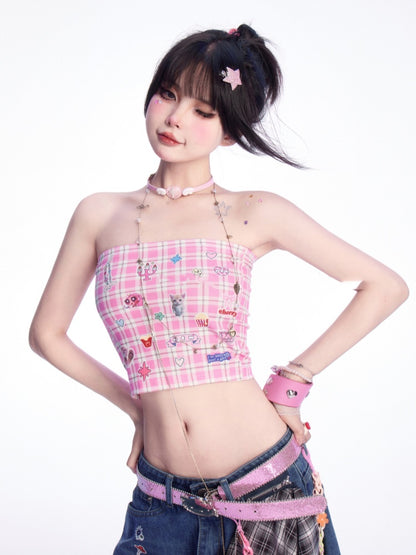Strapless Top Print Cute Kitten Sticker Pink Plaid Cropped