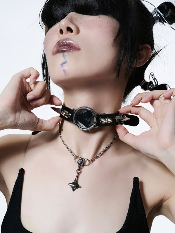 Y2K Black Cyberpunk Metal Clock Double-layered Choker