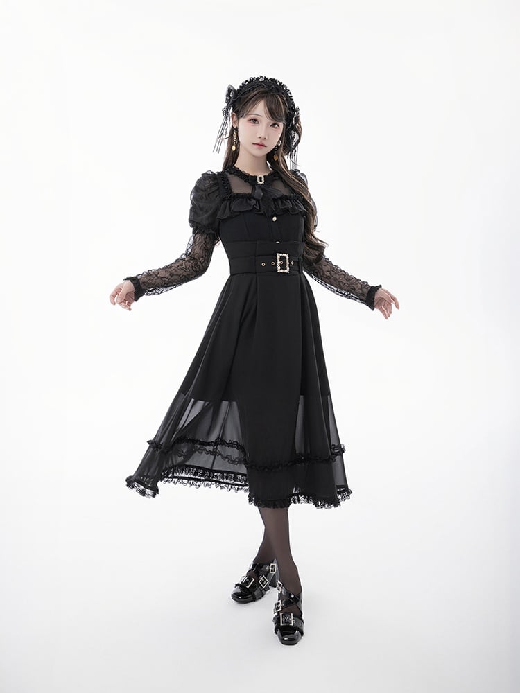 Skirt with Buckle Belt Black High Waist Mesh Overlay
