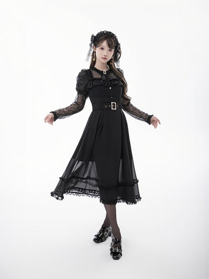 Skirt with Buckle Belt Black High Waist Mesh Overlay