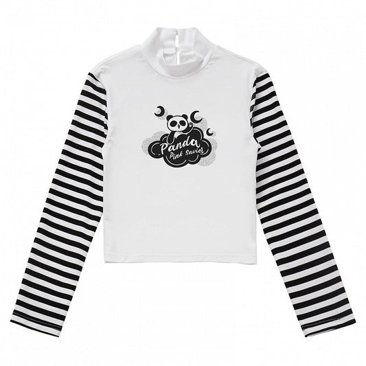 Panda Print Black Long Top and Sleeves Striped White