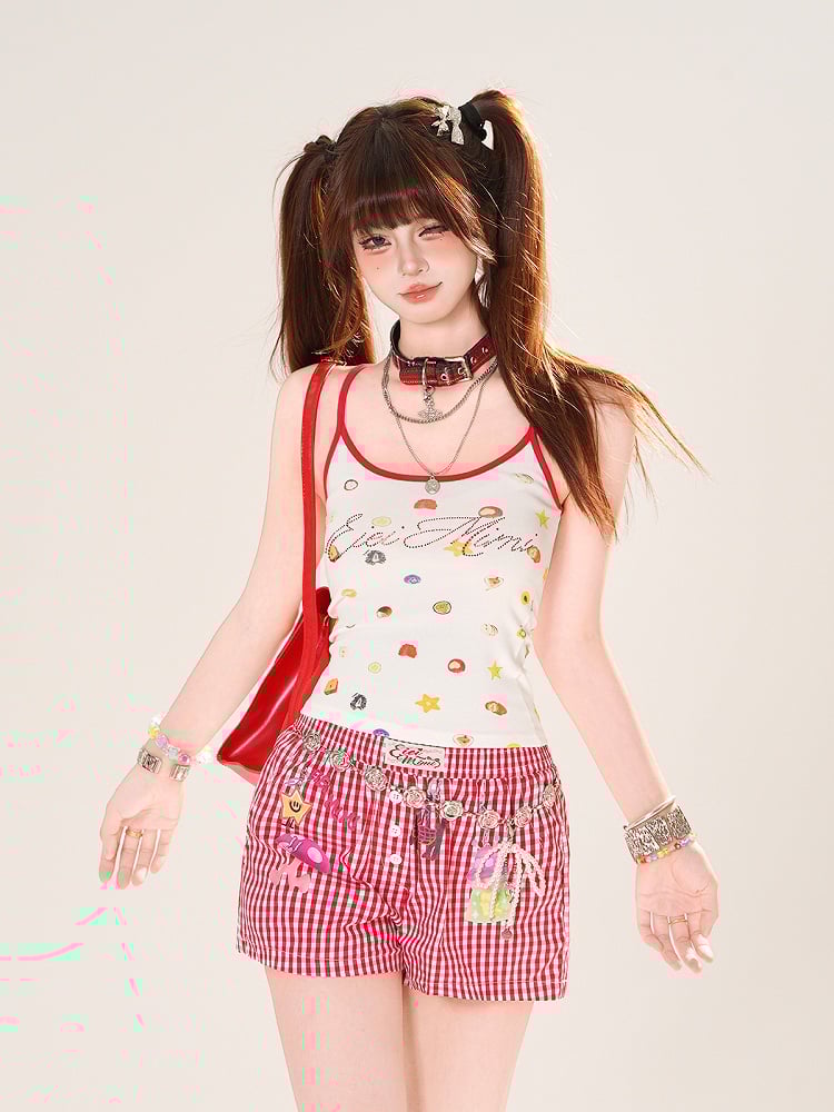 Red Plaid Straight-Leg Casual Shorts