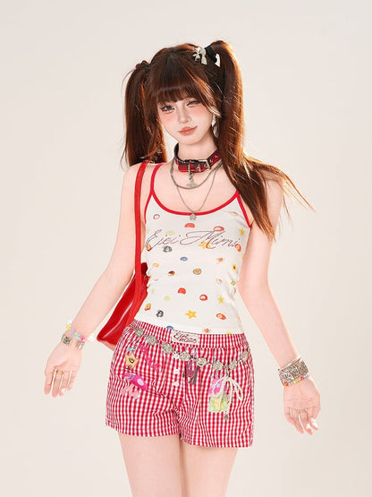 Red Plaid Straight-Leg Casual Shorts