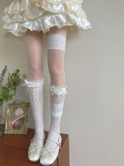 Semi-sheer White Socks/Lace Loop Stockings/Floral Bowknot Lace Leg Trims Tights/Beaded Stockings/Tulle Underknee Pattern