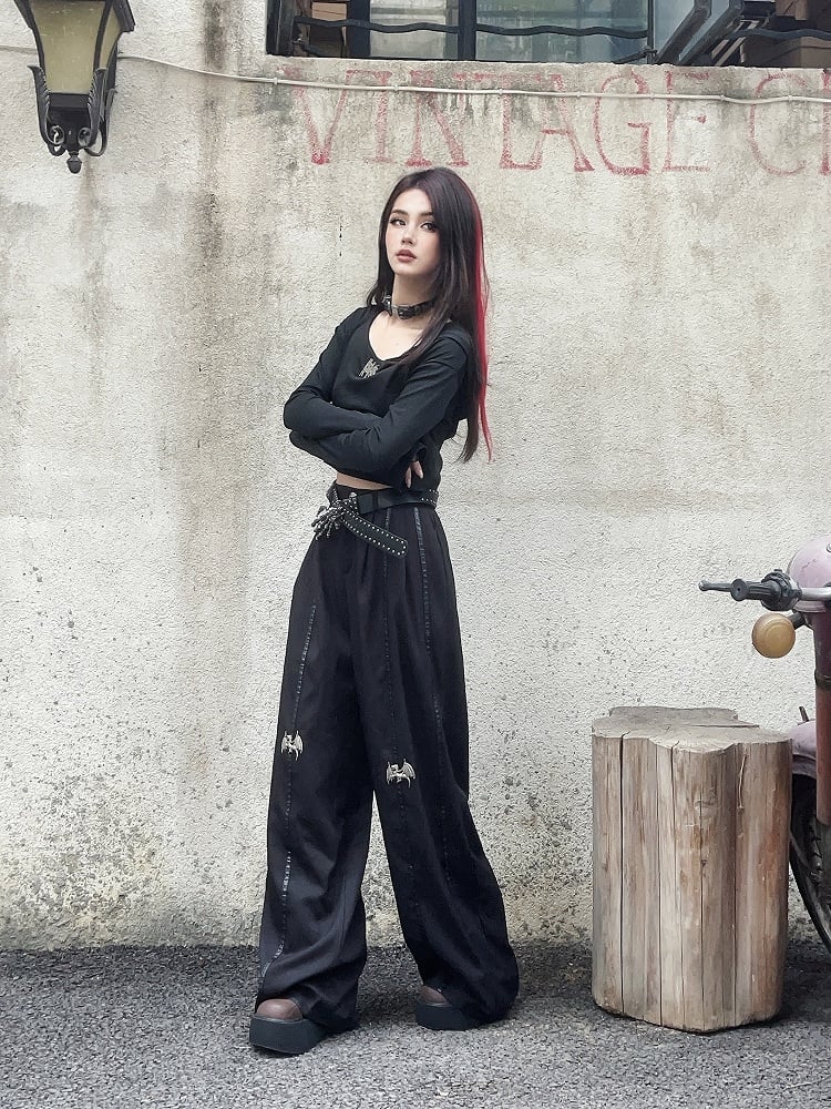 Length Floor Black Metal Dragon Knee Wide-Leg Pants