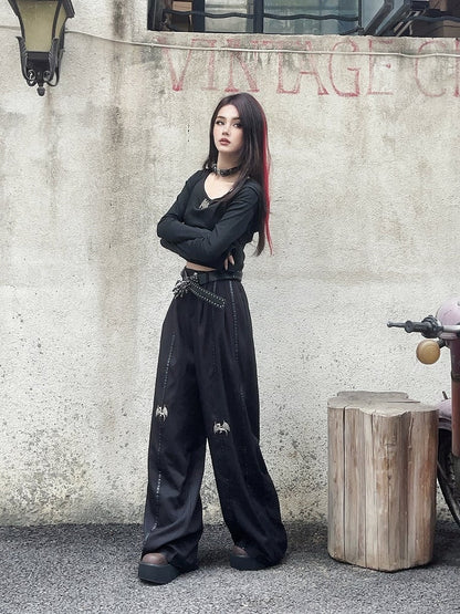 Length Floor Black Metal Dragon Knee Wide-Leg Pants