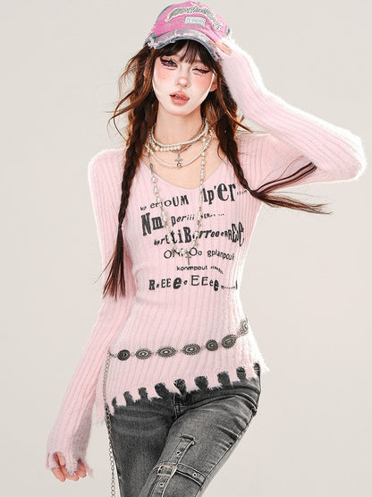 Pink/Black Letters Print Asymmetrical Distress Hem V-neck Slim-fit Sweater