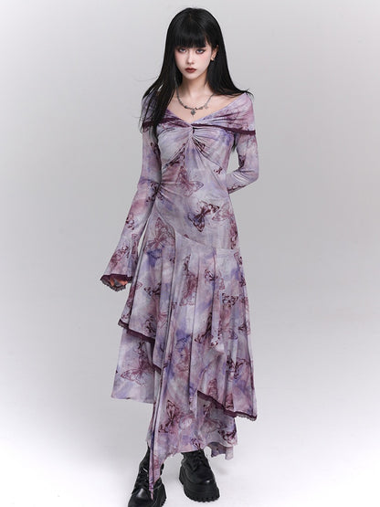 Robe à épaules dénudées et imprimé papillons violet/gris foncé/abricot
