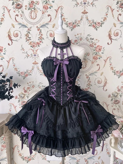 Cross Belle Black and Purple Corset Waist Gothic Lolita Dress
