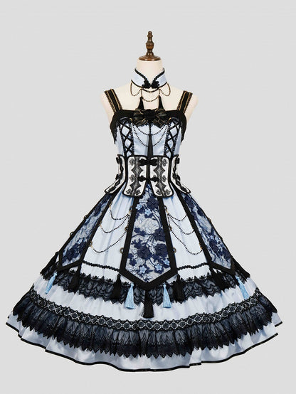 Robe élégante de style chinoiserie bleue et noire + ceinture corset à baleines + ensemble Qi Lolita JSK superposé à pompons