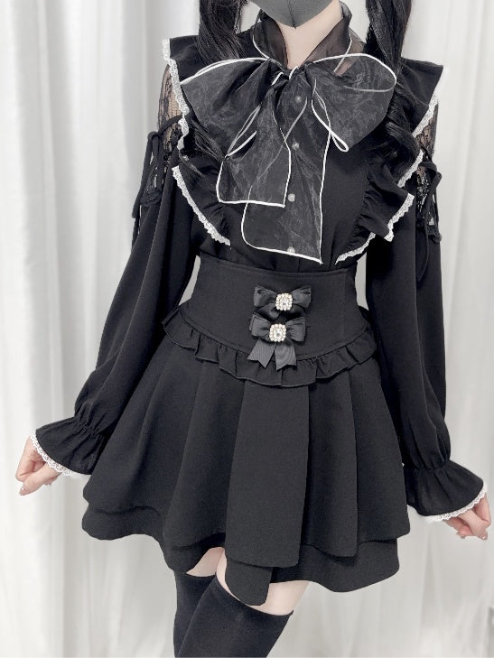 Jirai Kei Schwarz/Weiß/Dusty Cutout Schulter Bluse Schleife Ausschnitt Big Pink