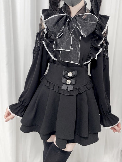 Jirai Kei Schwarz/Weiß/Dusty Cutout Schulter Bluse Schleife Ausschnitt Big Pink