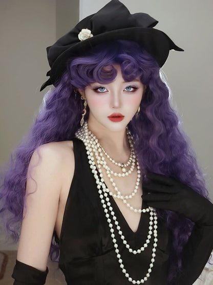 Purple Curly Bangs Long Wavy Synthetic Wig