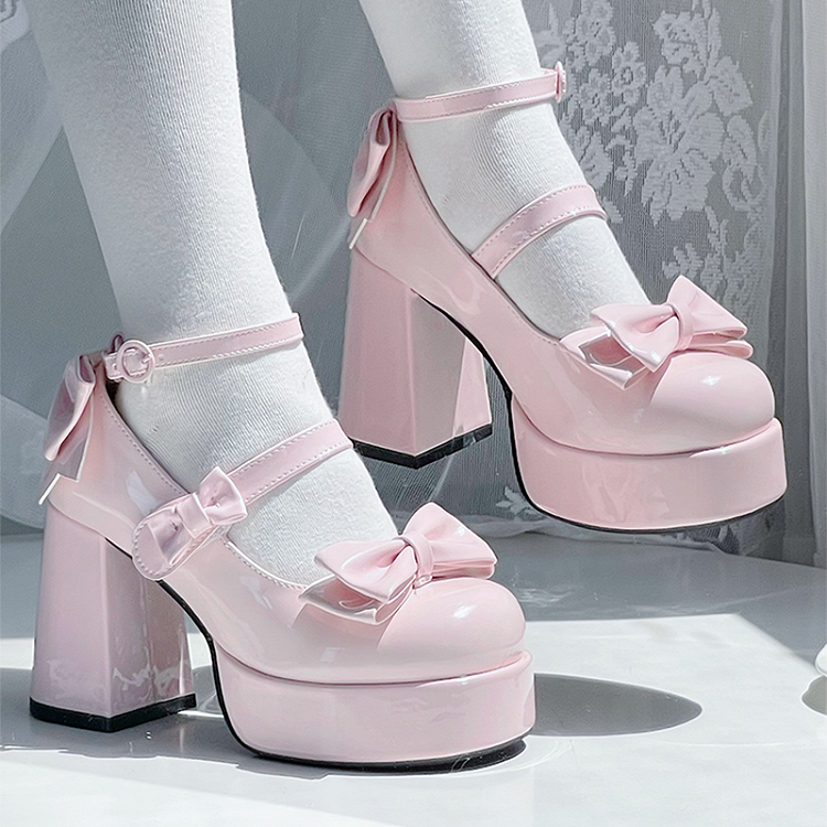 Pink Bowknot Platform High Block Heels Lolita Shoes