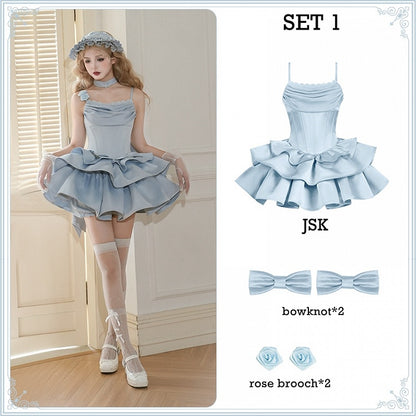 Boned Set JSK Waist Full Straps Elegant Blue Neckline Dress Cowl Spaghetti Lolita