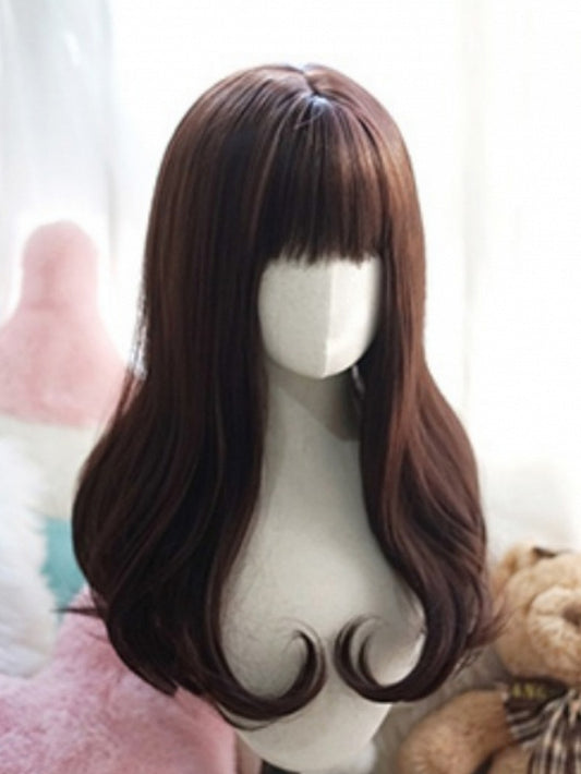 Dark Brown Long Wavy Wig With Full Bangs